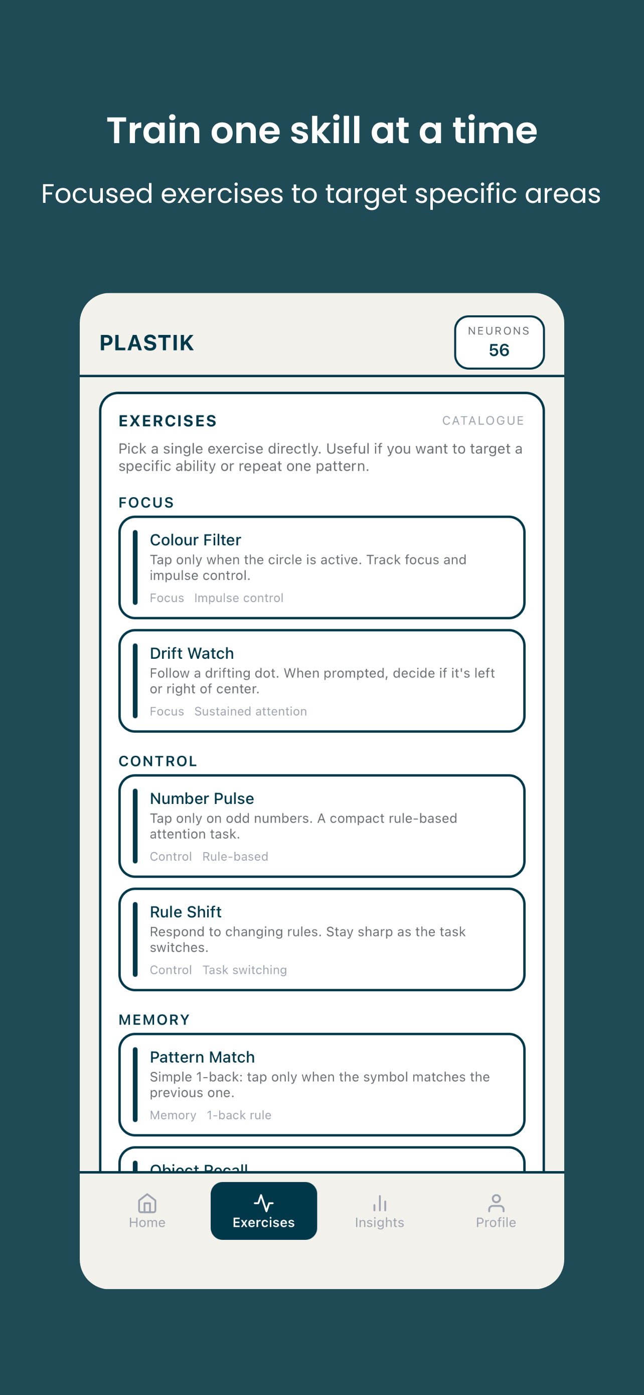 Exercise list covering focus, control, memory and reset
